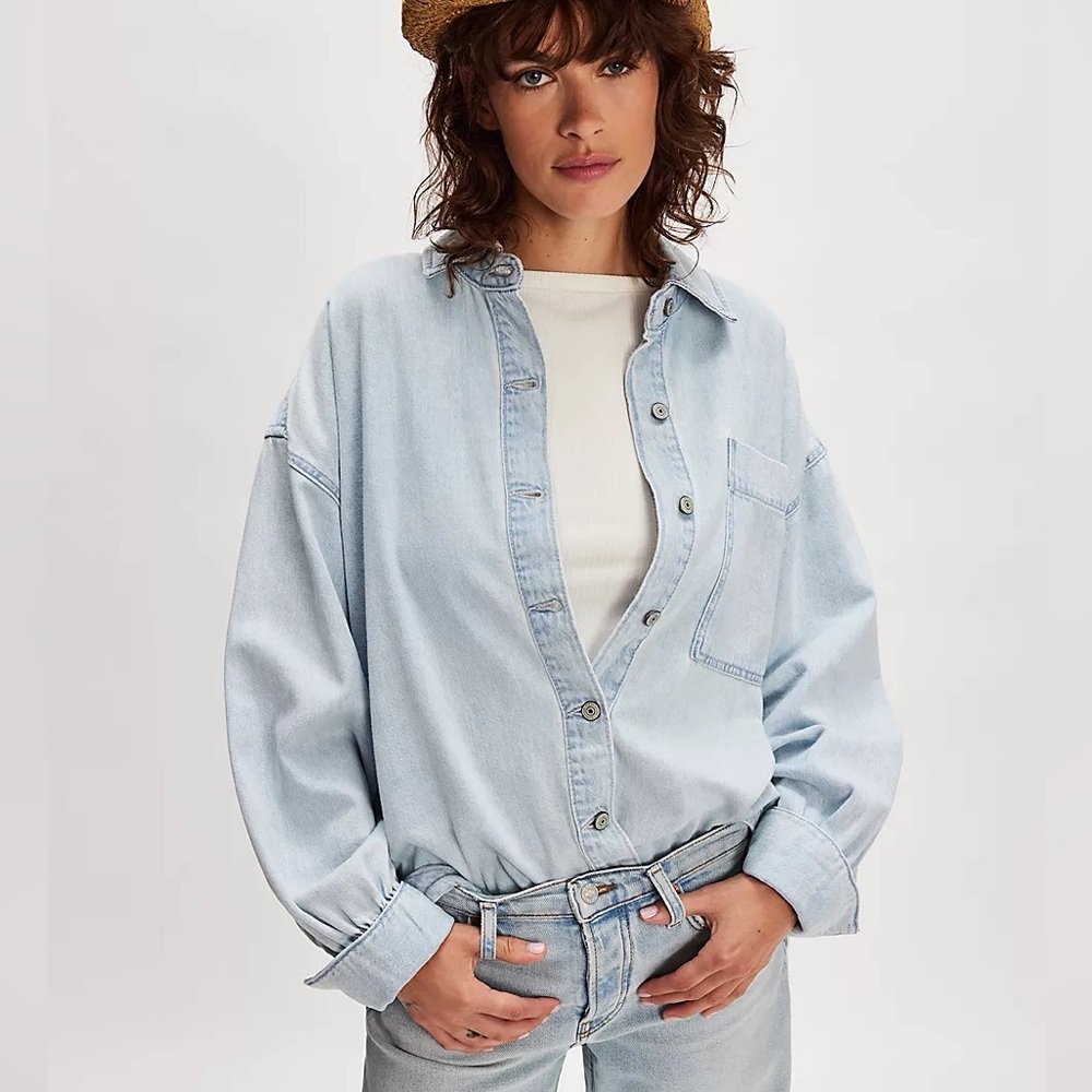 Free People Light Wash Blue Oversized Button-Down Shirt - Picture 3 of 15